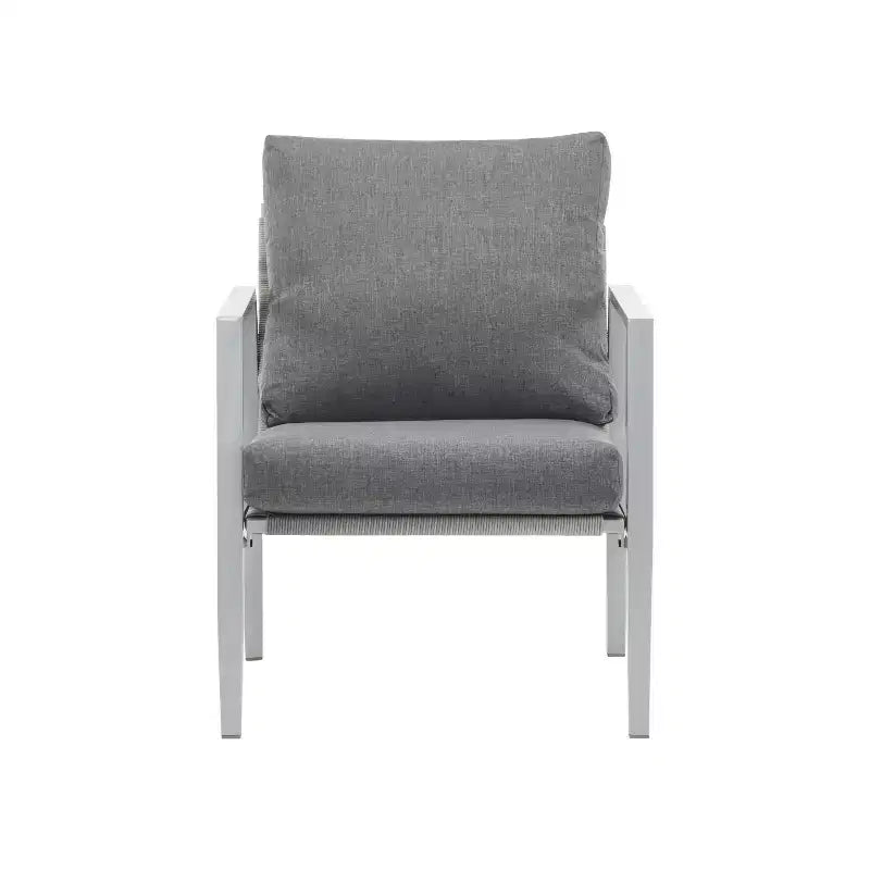 Silver Aluminum Lounge Chair with Rope Accents, Comfortable Cushions, Powder-Coated Frame for Outdoor or Indoor