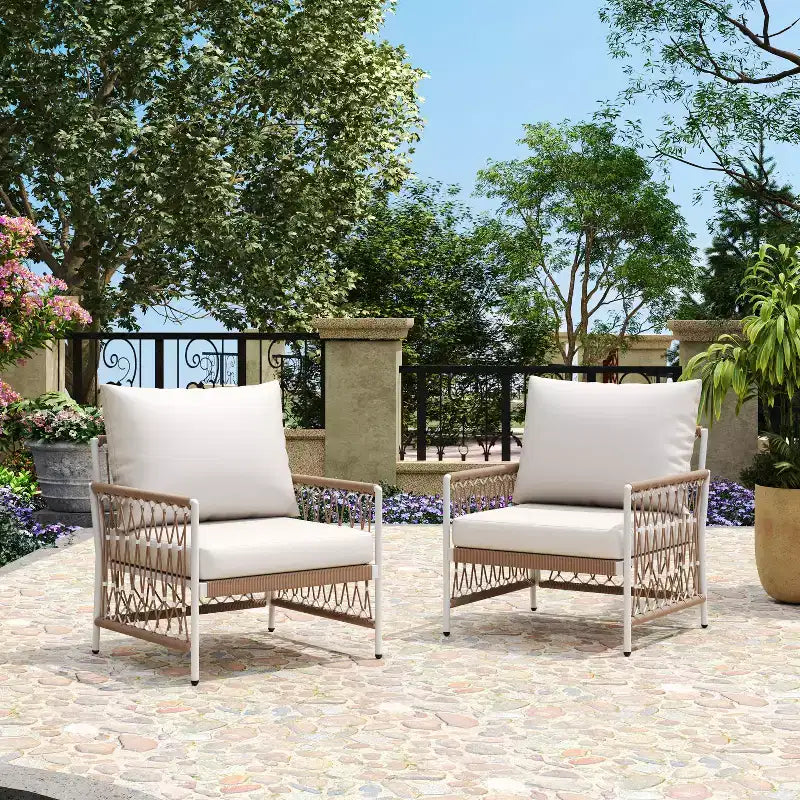 Set of 2 Bohemian Outdoor Lounge Chairs with Handwoven Rope, Powder-Coated Steel Frame, Waterproof Cushions for Patio or Poolside