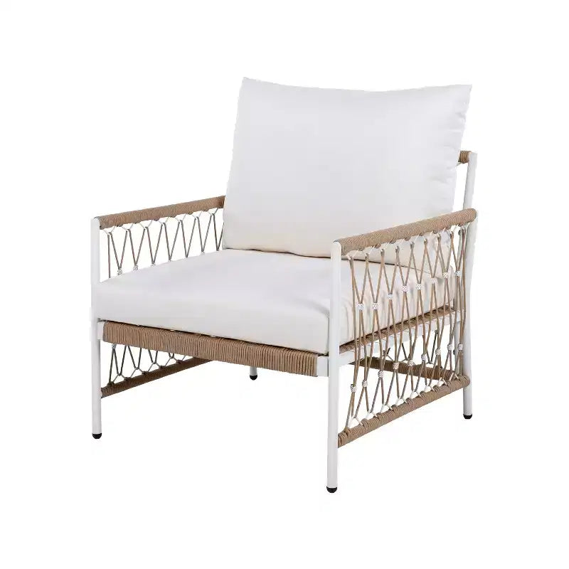 Set of 2 Bohemian Outdoor Lounge Chairs with Handwoven Rope, Powder-Coated Steel Frame, Waterproof Cushions for Patio or Poolside