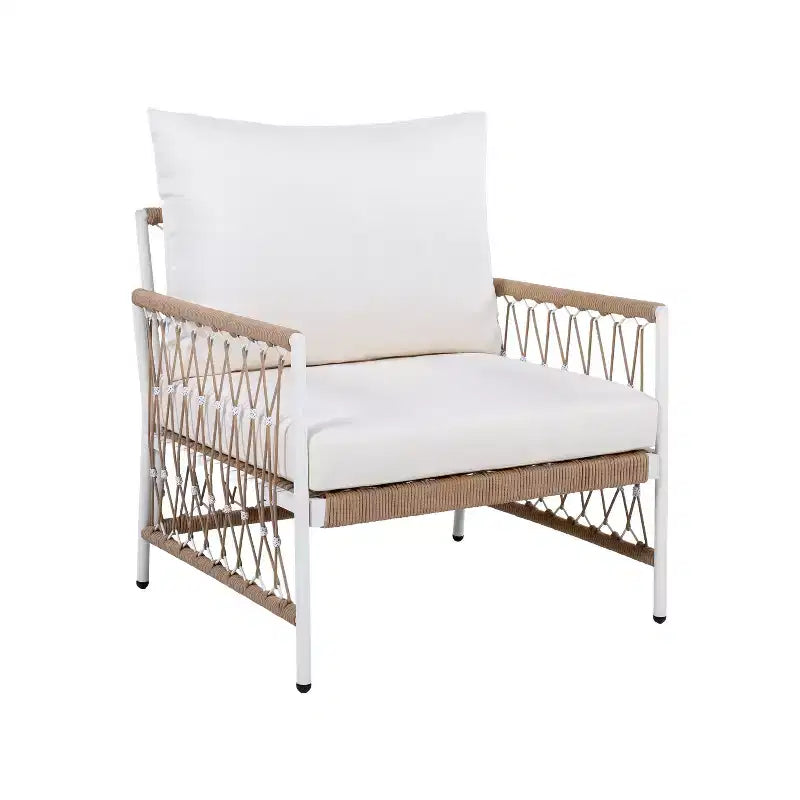 Set of 2 Bohemian Outdoor Lounge Chairs with Handwoven Rope, Powder-Coated Steel Frame, Waterproof Cushions for Patio or Poolside