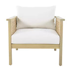 ModernLuxe Poltrona da esterno in legno di acacia con dettagli in PE intrecciato, poltrona da patio moderna e bohémien con cuscini impermeabili, Teak chiaro+Crema