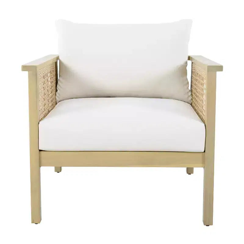 ModernLuxe Poltrona da esterno in legno di acacia con dettagli in PE intrecciato, poltrona da patio moderna e bohémien con cuscini impermeabili, Teak chiaro+Crema