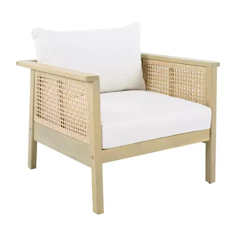 ModernLuxe Poltrona da esterno in legno di acacia con dettagli in PE intrecciato, poltrona da patio moderna e bohémien con cuscini impermeabili, Teak chiaro+Crema