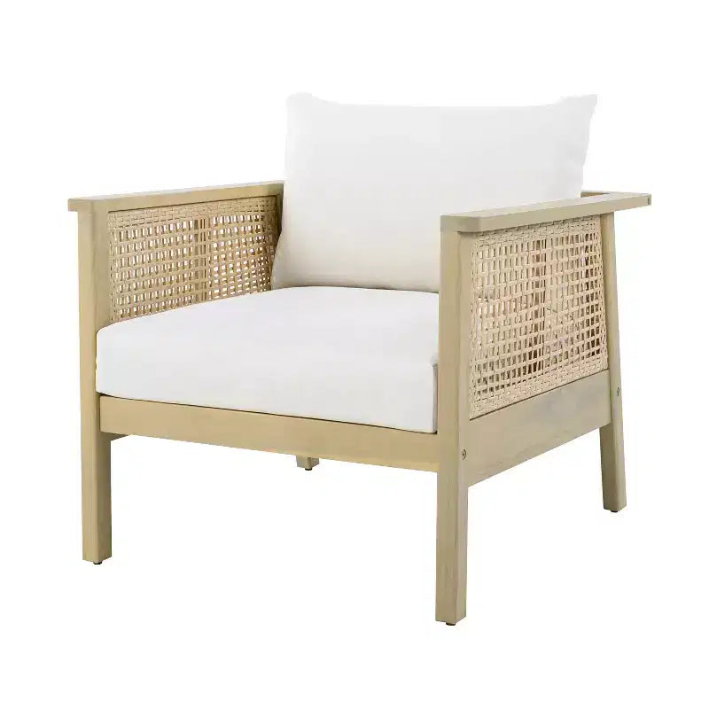 ModernLuxe Poltrona da esterno in legno di acacia con dettagli in PE intrecciato, poltrona da patio moderna e bohémien con cuscini impermeabili, Teak chiaro+Crema