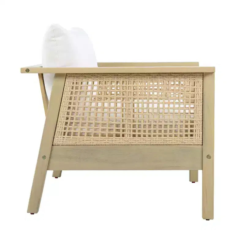 ModernLuxe Poltrona da esterno in legno di acacia con dettagli in PE intrecciato, poltrona da patio moderna e bohémien con cuscini impermeabili, Teak chiaro+Crema