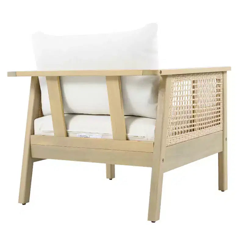 ModernLuxe Poltrona da esterno in legno di acacia con dettagli in PE intrecciato, poltrona da patio moderna e bohémien con cuscini impermeabili, Teak chiaro+Crema