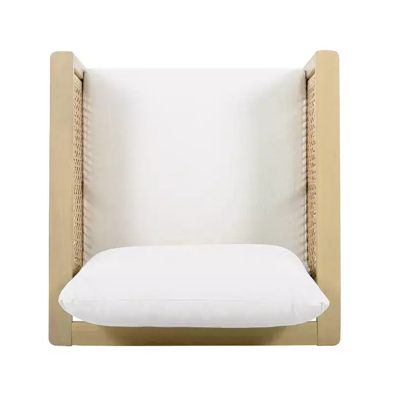 ModernLuxe Poltrona da esterno in legno di acacia con dettagli in PE intrecciato, poltrona da patio moderna e bohémien con cuscini impermeabili, Teak chiaro+Crema