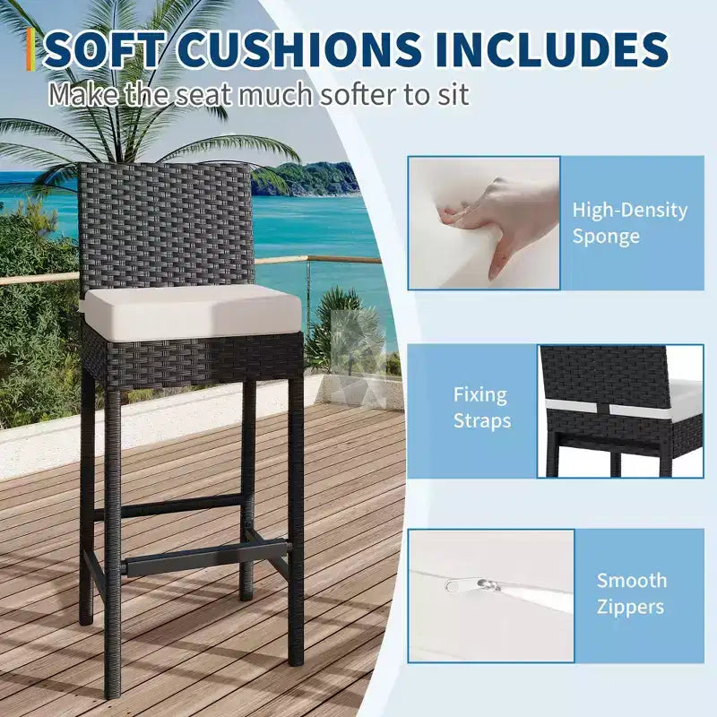 Set di 2 sgabelli da bar da esterno in vimini con cuscini, sgabelli da bar senza braccioli in rattan per patio, perfetti per tavoli alti in cortile, a bordo piscina, sul balcone e in giardino