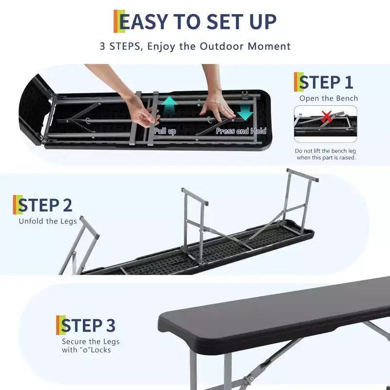 Set di 2 panche pieghevoli portatili, panche pieghevoli in HDPE in plastica resistente con maniglia per il trasporto per picnic all'aperto, campeggio ed eventi per feste