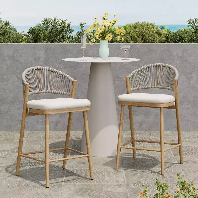 26 Outdoor Counter Stools Set of 2, Aluminum PE Rattan Backrest, Maple Finish Patio Bar Stools