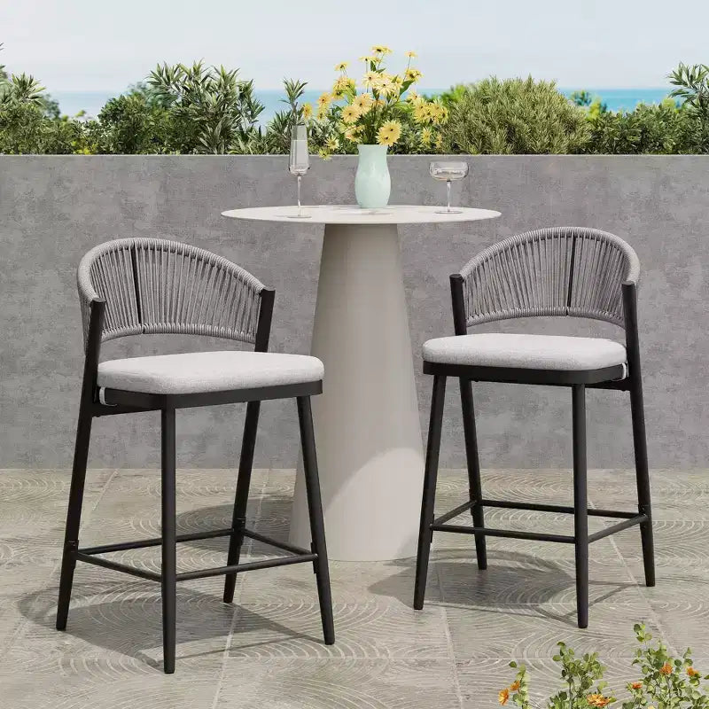 26 Outdoor Counter Stools Set of 2, Aluminum PE Rattan Backrest, Maple Finish Patio Bar Stools
