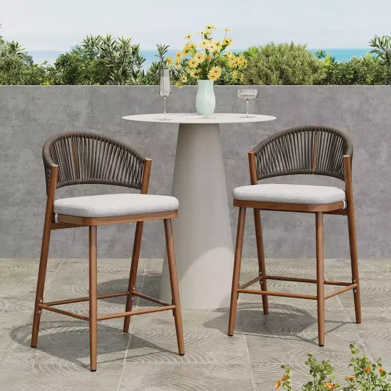26 Outdoor Counter Stools Set of 2, Aluminum PE Rattan Backrest, Maple Finish Patio Bar Stools