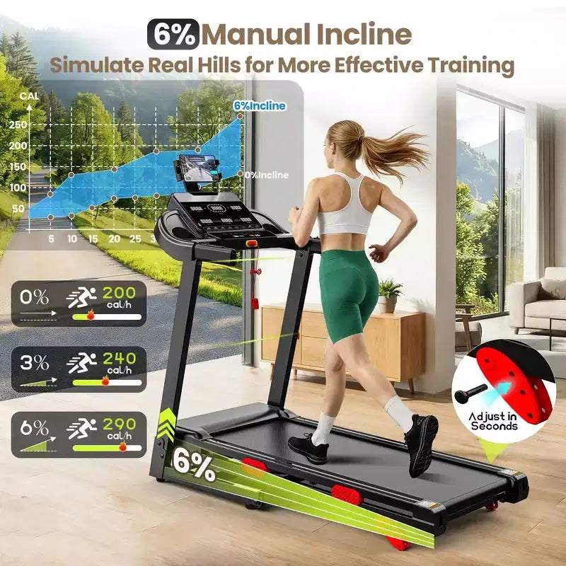 Tapis Roulant Domestico con Doppio Motore Brushless da 3,5 HP, Tapis Roulant Pieghevole con Inclinazione Manuale del 6%, 14,5 Km/h, Capacità di 158 Kg, Nastro Largo 43 cm