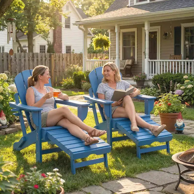 Outsunny Folding Adirondack Chair Set of 2, HDPE Fire Pit Chair with Retractable Ottoman, Cup Holder and Large Seat for Deck, Garden, Backyard