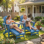Outsunny Folding Adirondack Chair Set of 2, HDPE Fire Pit Chair with Retractable Ottoman, Cup Holder and Large Seat for Deck, Garden, Backyard