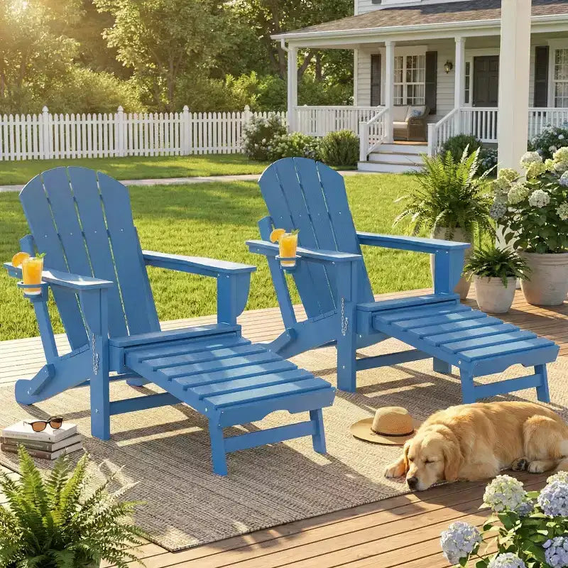 Outsunny Folding Adirondack Chair Set of 2, HDPE Fire Pit Chair with Retractable Ottoman, Cup Holder and Large Seat for Deck, Garden, Backyard