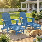 Outsunny Folding Adirondack Chair Set of 2, HDPE Fire Pit Chair with Retractable Ottoman, Cup Holder and Large Seat for Deck, Garden, Backyard