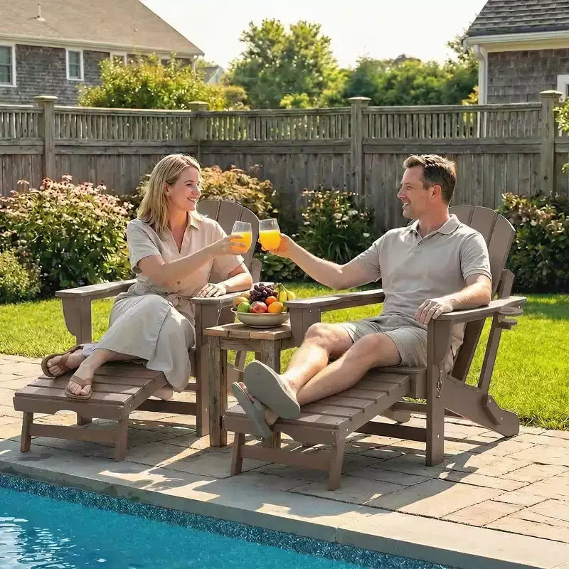 Outsunny Folding Adirondack Chair Set of 2, HDPE Fire Pit Chair with Retractable Ottoman, Cup Holder and Large Seat for Deck, Garden, Backyard