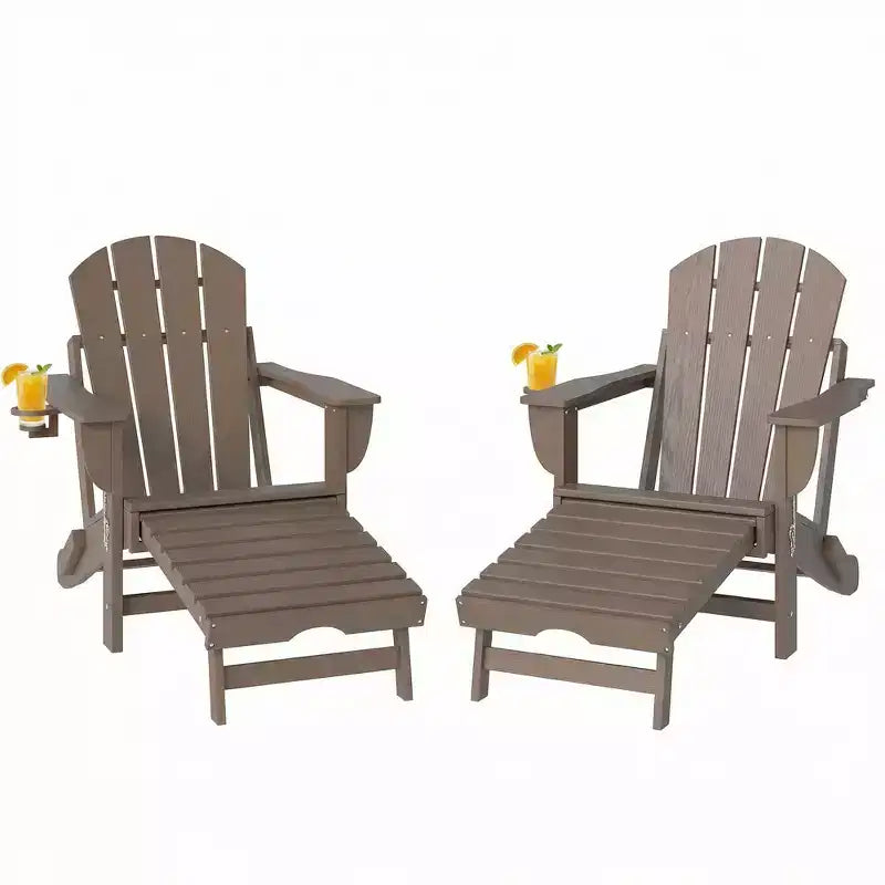 Outsunny Folding Adirondack Chair Set of 2, HDPE Fire Pit Chair with Retractable Ottoman, Cup Holder and Large Seat for Deck, Garden, Backyard