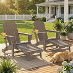 Outsunny Folding Adirondack Chair Set of 2, HDPE Fire Pit Chair with Retractable Ottoman, Cup Holder and Large Seat for Deck, Garden, Backyard