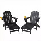 Outsunny Folding Adirondack Chair Set of 2, HDPE Fire Pit Chair with Retractable Ottoman, Cup Holder and Large Seat for Deck, Garden, Backyard