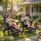 Outsunny Folding Adirondack Chair Set of 2, HDPE Fire Pit Chair with Retractable Ottoman, Cup Holder and Large Seat for Deck, Garden, Backyard