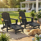Outsunny Folding Adirondack Chair Set of 2, HDPE Fire Pit Chair with Retractable Ottoman, Cup Holder and Large Seat for Deck, Garden, Backyard