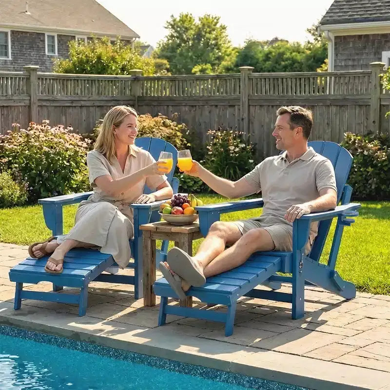 Outsunny Folding Adirondack Chair Set of 2, HDPE Fire Pit Chair with Retractable Ottoman, Cup Holder and Large Seat for Deck, Garden, Backyard
