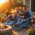 Outsunny Folding Adirondack Chair Set of 2, HDPE Fire Pit Chair with Retractable Ottoman, Cup Holder and Large Seat for Deck, Garden, Backyard