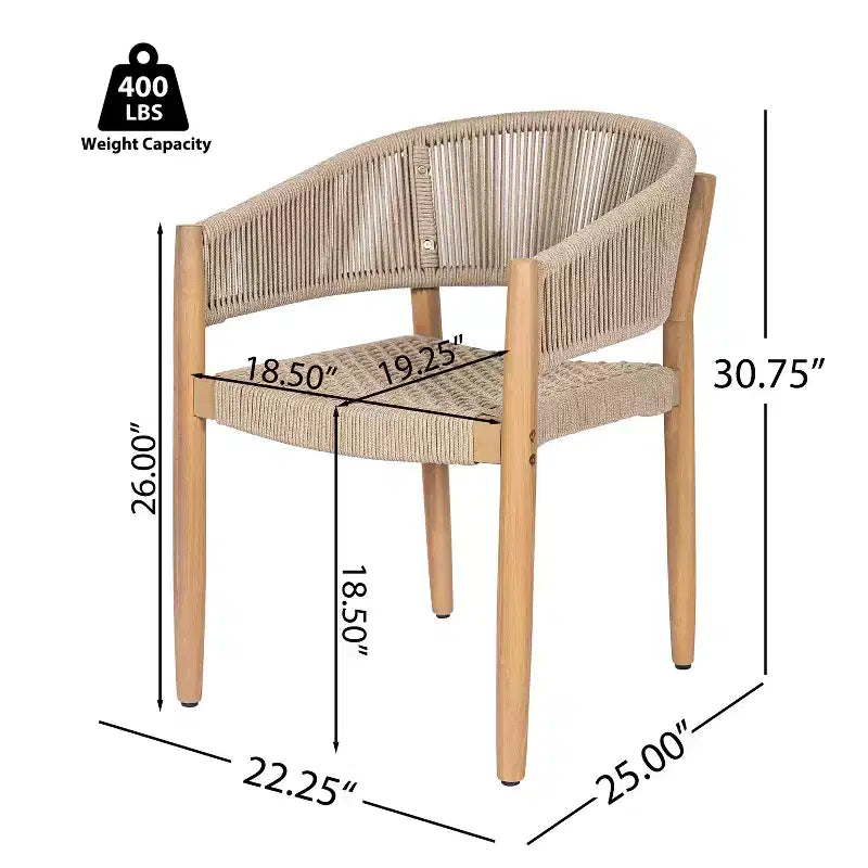 ModernLuxe Acacia Wood Outdoor Rope Dining Chairs, Patio Accent Chair Club Chair with Hand-Woven Rope - Set of 2, Brown