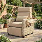Rattan Outdoor Recliner Chair with Flip-Up Tray & Khaki Cushions for Patio, Deck & Backyard