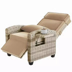 Rattan Outdoor Recliner Chair with Flip-Up Tray & Khaki Cushions for Patio, Deck & Backyard