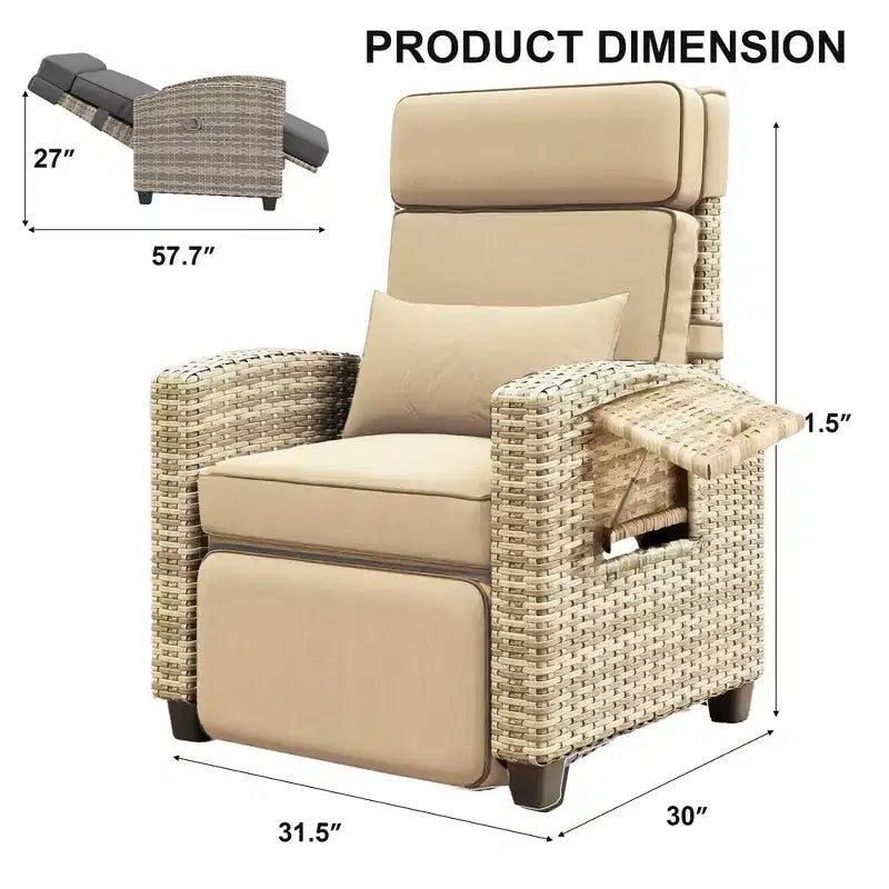 Rattan Outdoor Recliner Chair with Flip-Up Tray & Khaki Cushions for Patio, Deck & Backyard