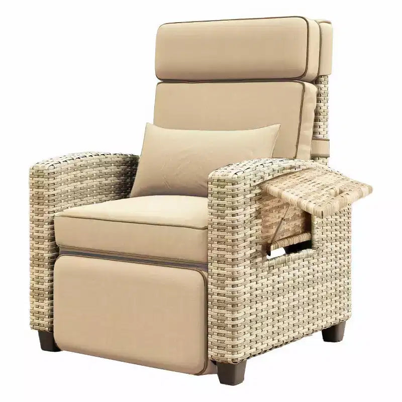 Rattan Outdoor Recliner Chair with Flip-Up Tray & Khaki Cushions for Patio, Deck & Backyard