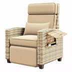 Rattan Outdoor Recliner Chair with Flip-Up Tray & Khaki Cushions for Patio, Deck & Backyard