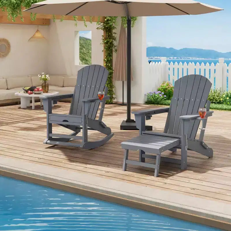 4-in-1 Folding HDPE Adirondack Chairs Set of 4, Retractable Ottoman & Removable Rocking Base, 400lbs Capacity Grey