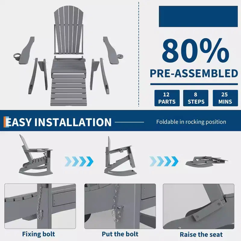 4-in-1 Folding HDPE Adirondack Chairs Set of 4, Retractable Ottoman & Removable Rocking Base, 400lbs Capacity Grey