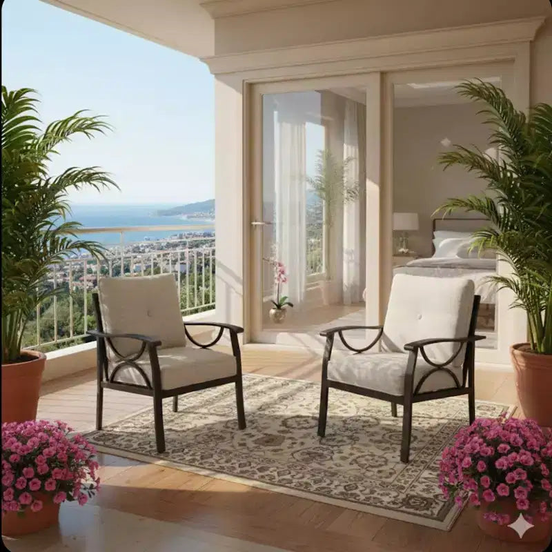 Set di 2 Poltrone da Patio con Braccioli e Struttura in Metallo e Cuscini Arredamento da Giardino per Esterni
