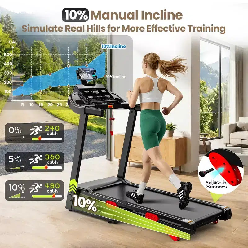 Tapis roulant in offerta - Tapis roulant da 3,75 HP con inclinazione del 10%, capacità di 150 kg con manubrio per casa, Tapis roulant per casa piccolo spazio, Funziona con APP