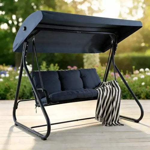 Dondolo da Esterno Robusto a 3 Posti con Tettuccio Regolabile, Letto Convertibile, Cuscini Rimovibili e Capacità di 340 kg, Resistente alle Intemperie per Patio, Giardino