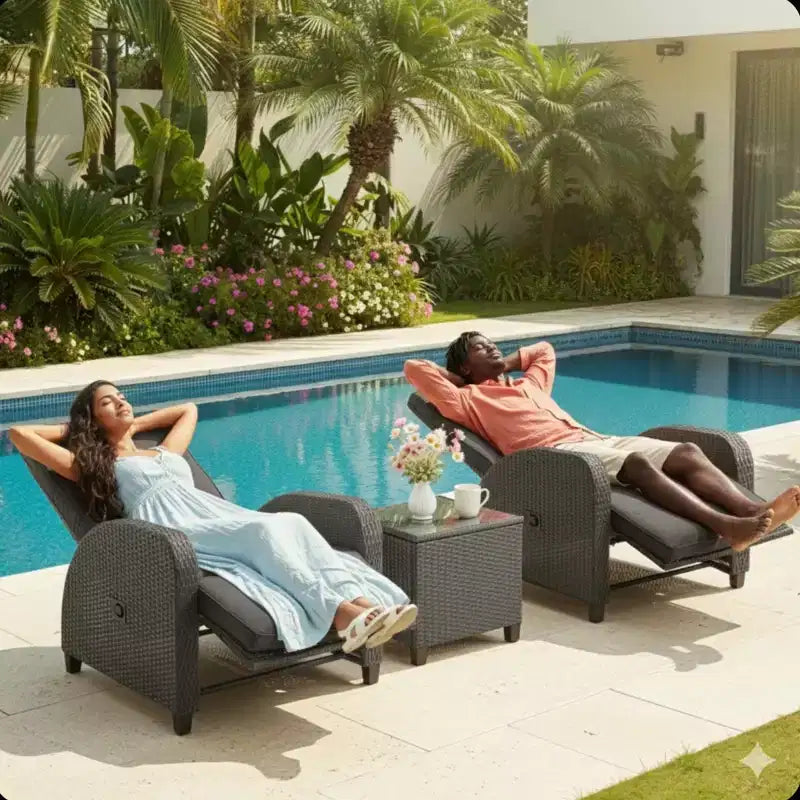 30 Adjustable Outdoor Lounge Chair with Gray Cushions & Footrest