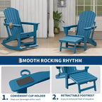 HDPE 4-in-1 Adirondack Rocking Chair with Retractable Ottoman,Folding Outdoor Plastic Rocker with Cup Holders,All-Weather Patio Seating for Poolside