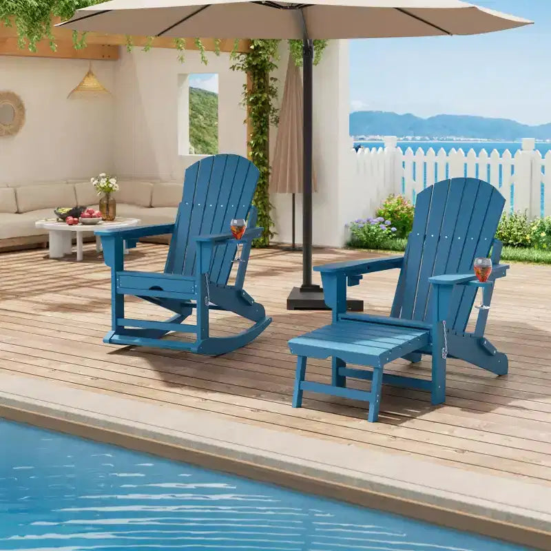 HDPE 4-in-1 Adirondack Rocking Chair with Retractable Ottoman,Folding Outdoor Plastic Rocker with Cup Holders,All-Weather Patio Seating for Poolside
