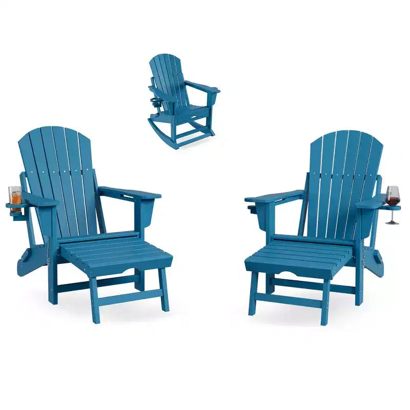 Sedia a Dondolo Adirondack 4-in-1 in HDPE con Ottomana Estraibile, Dondolo Pieghevole da Esterno in Plastica con Portabicchieri, Seduta da Patio per Tutte le Stagioni a Bordo Piscina