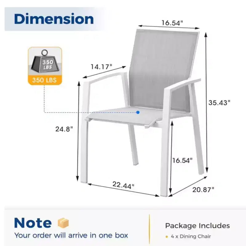 Set di 4 sedie da pranzo per patio in alluminio larghe 57 cm, completamente assemblate, impilabili, da esterno, resistenti alle intemperie