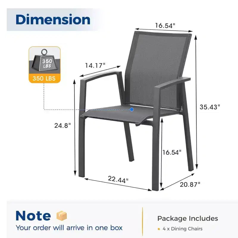 Set di 4 sedie da pranzo per patio in alluminio larghe 57 cm, completamente assemblate, impilabili, da esterno, resistenti alle intemperie
