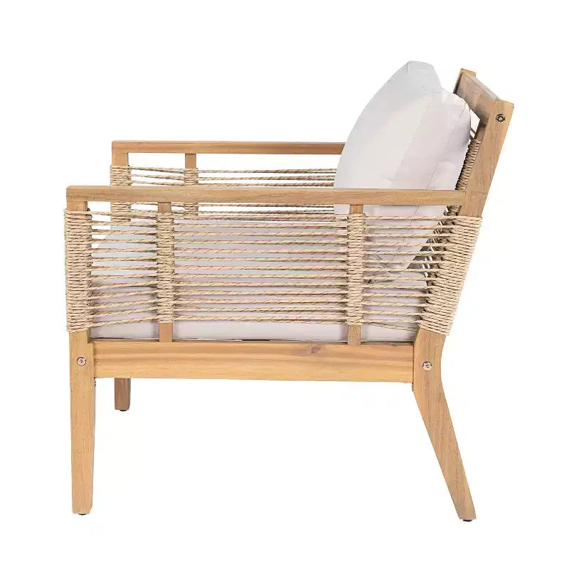 ModernLuxe Set di 2 Sedie Club da Patio in Legno di Acacia, Poltrone in Corda Intrecciata a Mano con Cuscini Beige per Giardino e Bordo Piscina, Finitura Teak