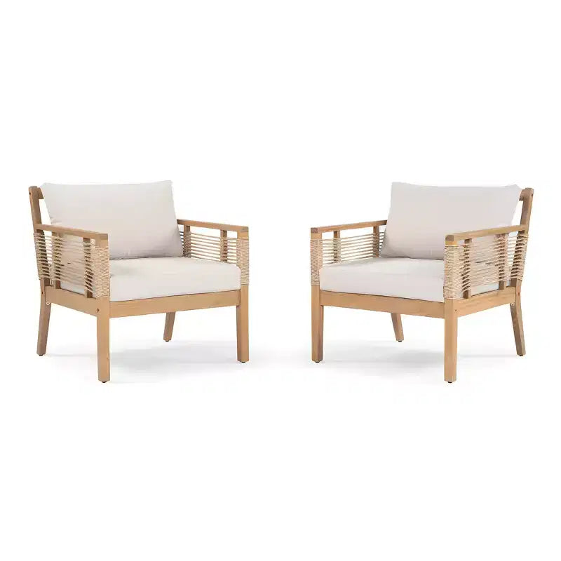 ModernLuxe Set di 2 Sedie Club da Patio in Legno di Acacia, Poltrone in Corda Intrecciata a Mano con Cuscini Beige per Giardino e Bordo Piscina, Finitura Teak