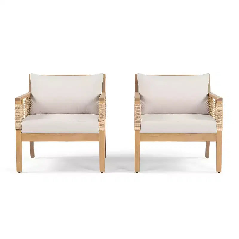 ModernLuxe Set di 2 Sedie Club da Patio in Legno di Acacia, Poltrone in Corda Intrecciata a Mano con Cuscini Beige per Giardino e Bordo Piscina, Finitura Teak