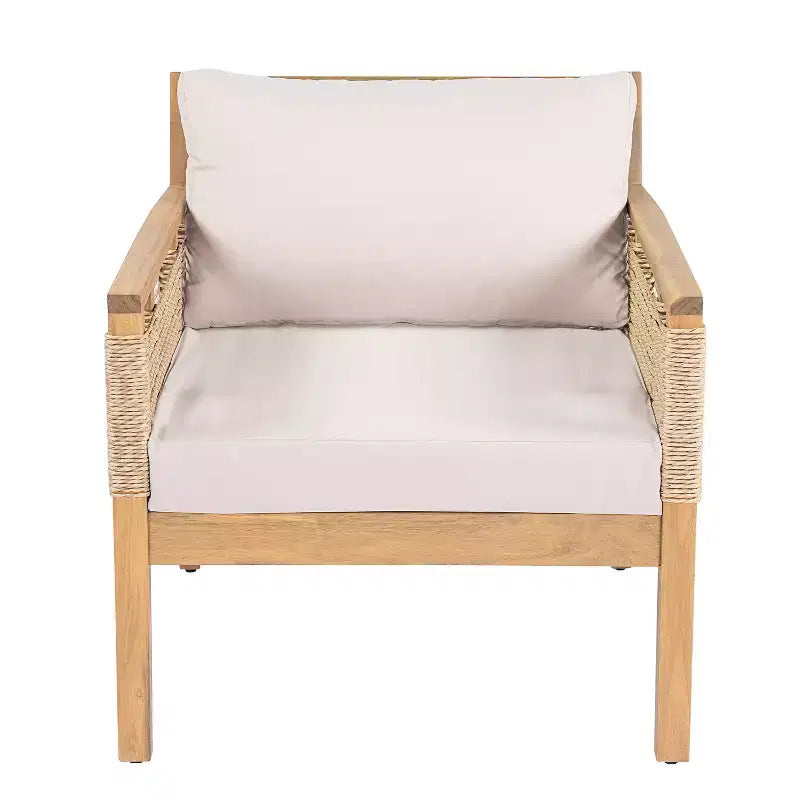 ModernLuxe Set di 2 Sedie Club da Patio in Legno di Acacia, Poltrone in Corda Intrecciata a Mano con Cuscini Beige per Giardino e Bordo Piscina, Finitura Teak